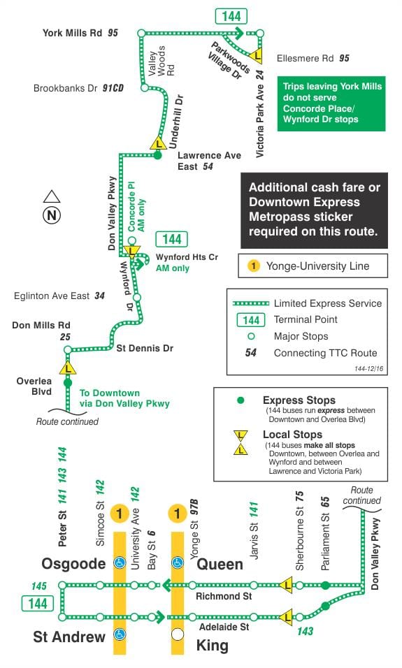 Žemėlapis TTC 144 Downtown / Don Valley Express " autobusu maršrutu Torontas