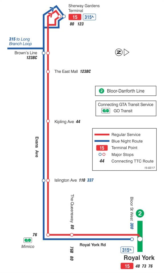 Žemėlapis TTC 15 Evans autobusų maršrutu Torontas