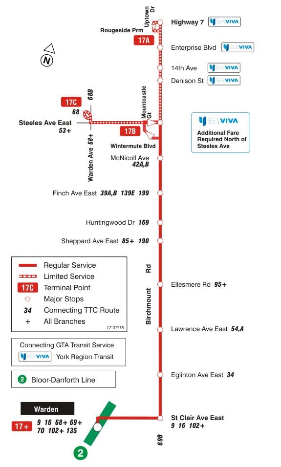 Žemėlapis TTC 17 Birchmount autobusų maršrutu Torontas