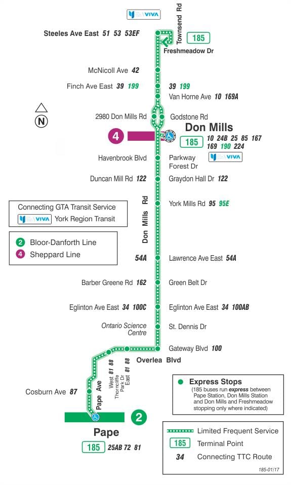 Žemėlapis TTC 185 Don Mills Raketų autobusų maršrutu Torontas
