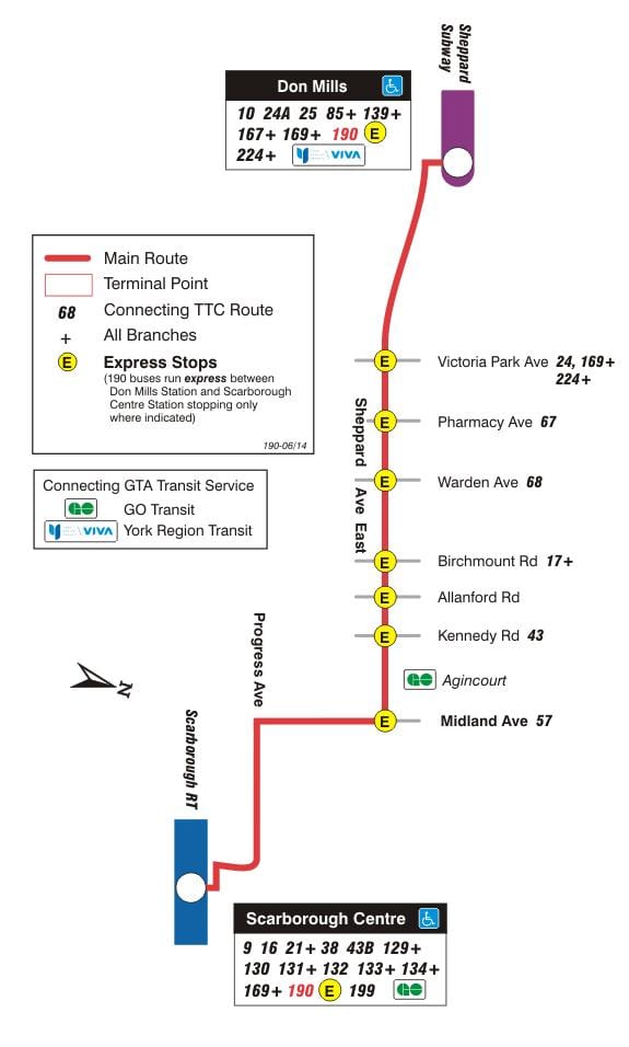 Žemėlapis TTC 190 Scarborough Centras Raketų autobusų maršrutu Torontas