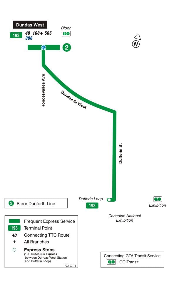 Žemėlapis TTC 193 Paroda Raketų autobusų maršrutu Torontas
