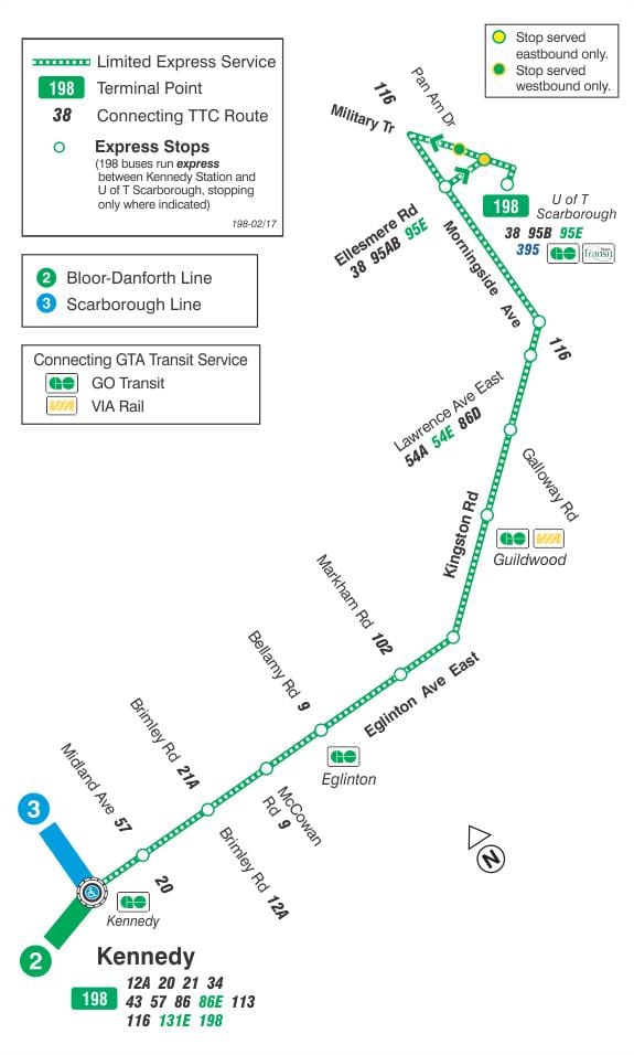 Žemėlapis TTC 198 U T Scarborough Raketų autobusų maršrutu Torontas
