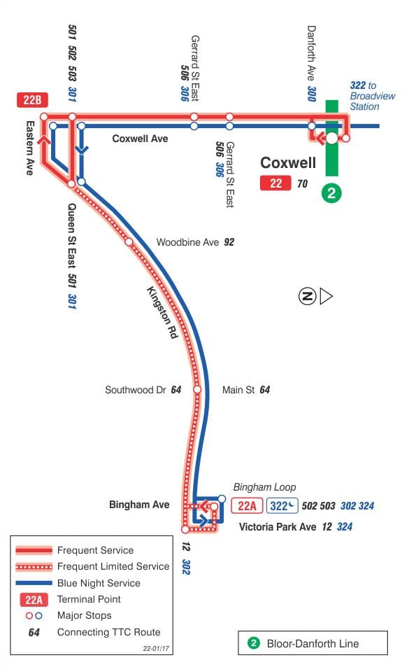 Žemėlapis TTC 22 Coxwell autobusų maršrutu Torontas