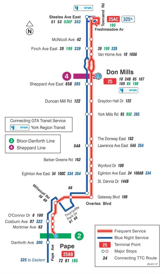 Žemėlapis TTC 25 Don Mills autobusų maršrutu Torontas