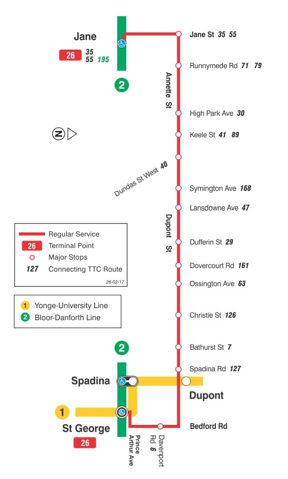 Žemėlapis TTC 26 Dupont autobusų maršrutu Torontas