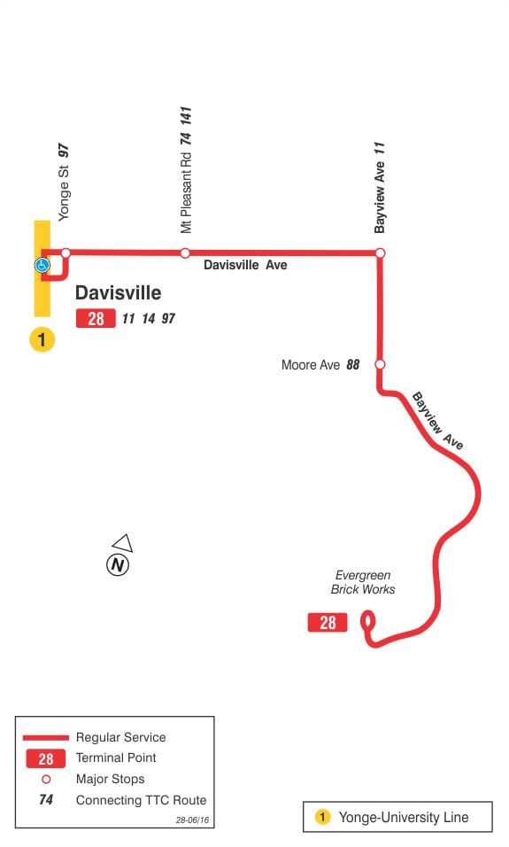 Žemėlapis TTC 28 Bayview Pietų autobusu maršrutu Torontas