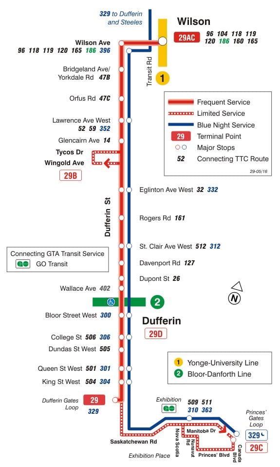 Žemėlapis TTC 29 Dufferin autobusų maršrutu Torontas