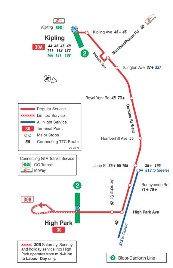 Žemėlapis TTC 30 Lambton autobusų maršrutu Torontas