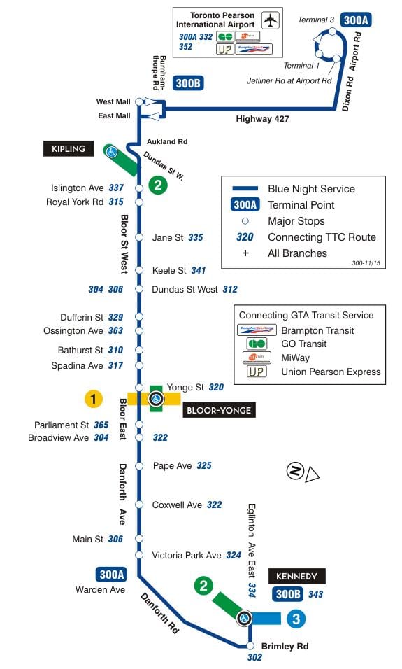 Žemėlapis TTC 300A Bloor-Danforth autobusų maršrutu Torontas