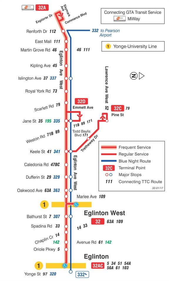 Žemėlapis TTC 32 Eglinton Vakarų autobusų maršrutu Torontas