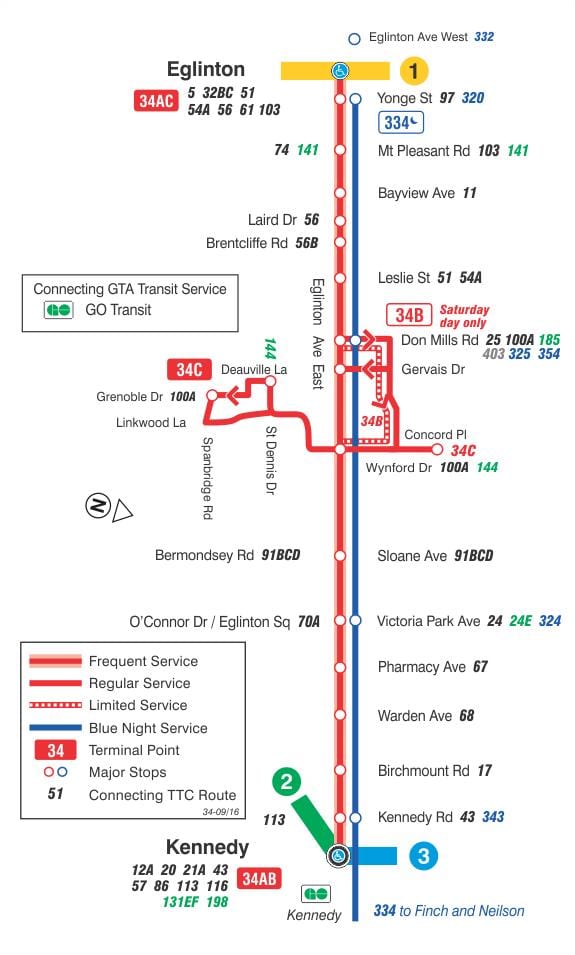 Žemėlapis TTC 34 Eglinton Rytų autobusų maršrutu Torontas