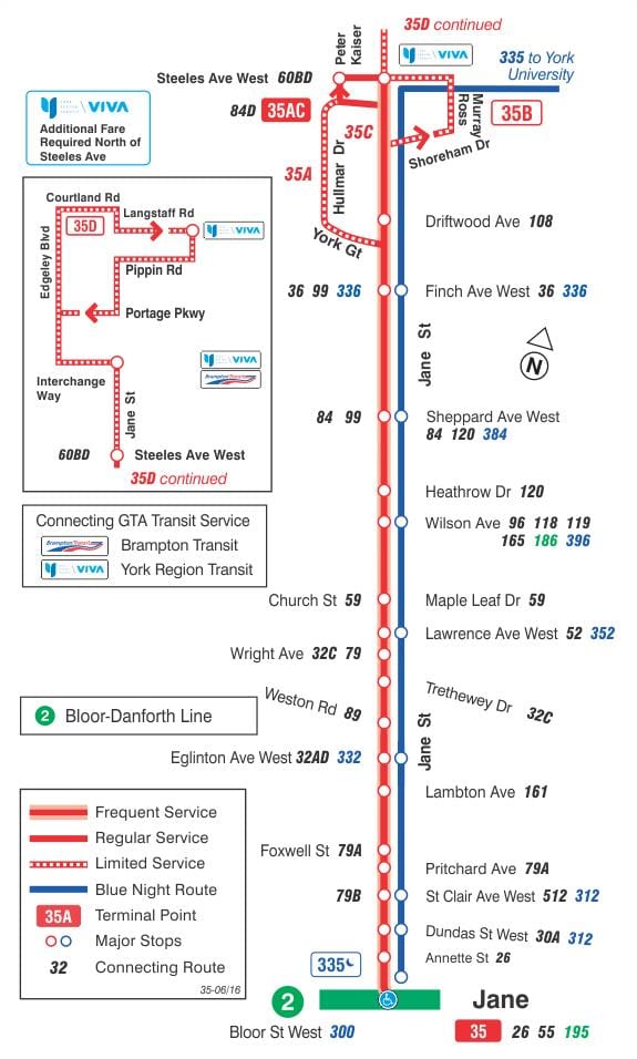 Žemėlapis TTC 35 Jane autobusų maršrutu Torontas