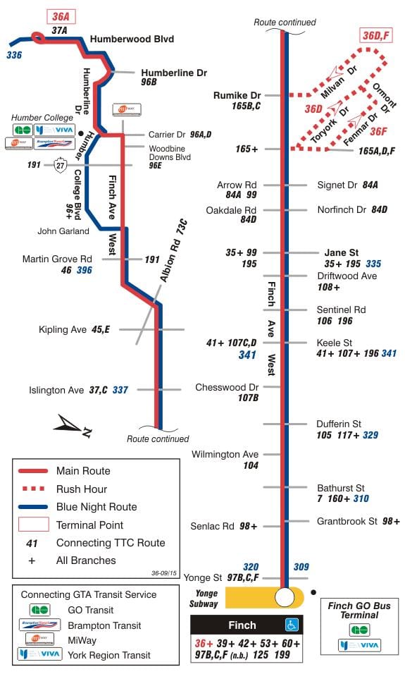 Žemėlapis TTC 36 Amadinai Vakarų autobusų maršrutu Torontas