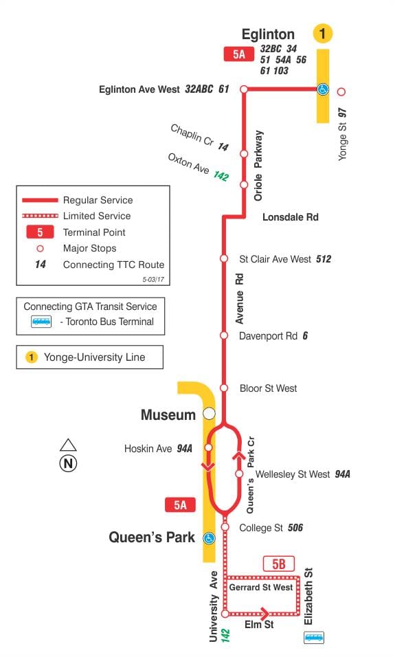 Žemėlapis TTC 5 Avenue Rd autobusų maršrutu Torontas