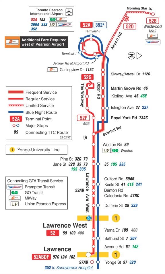 Žemėlapis TTC 52 Lawrence Vakarų autobusų maršrutu Torontas