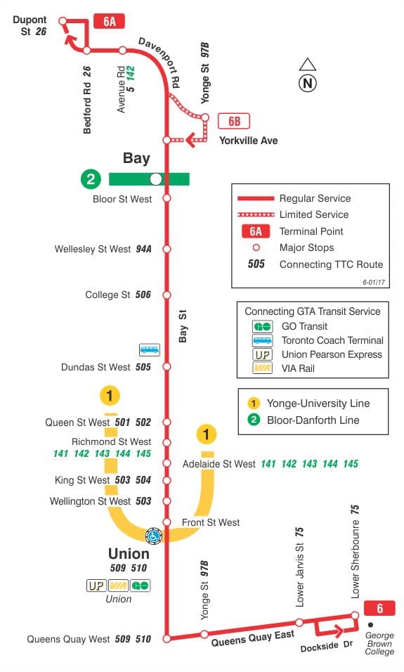 Žemėlapis TTC 6 Bay autobusų maršrutu Torontas