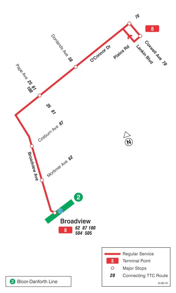 Žemėlapis TTC 8 Broadview autobusų maršrutu Torontas