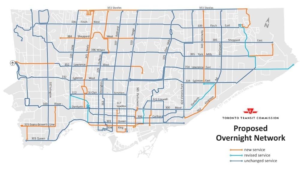 Žemėlapis TTC vienos nakties tinklo Toronto