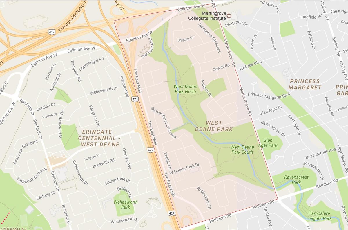 Žemėlapis Vakarų Deane Parko kaimynystės Toronto