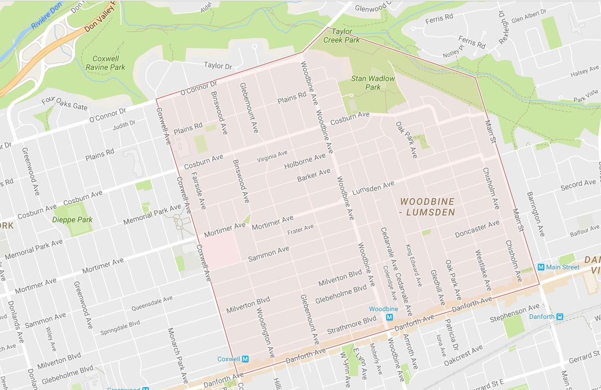 Žemėlapis Woodbine Aukščio kaimynystės Toronto