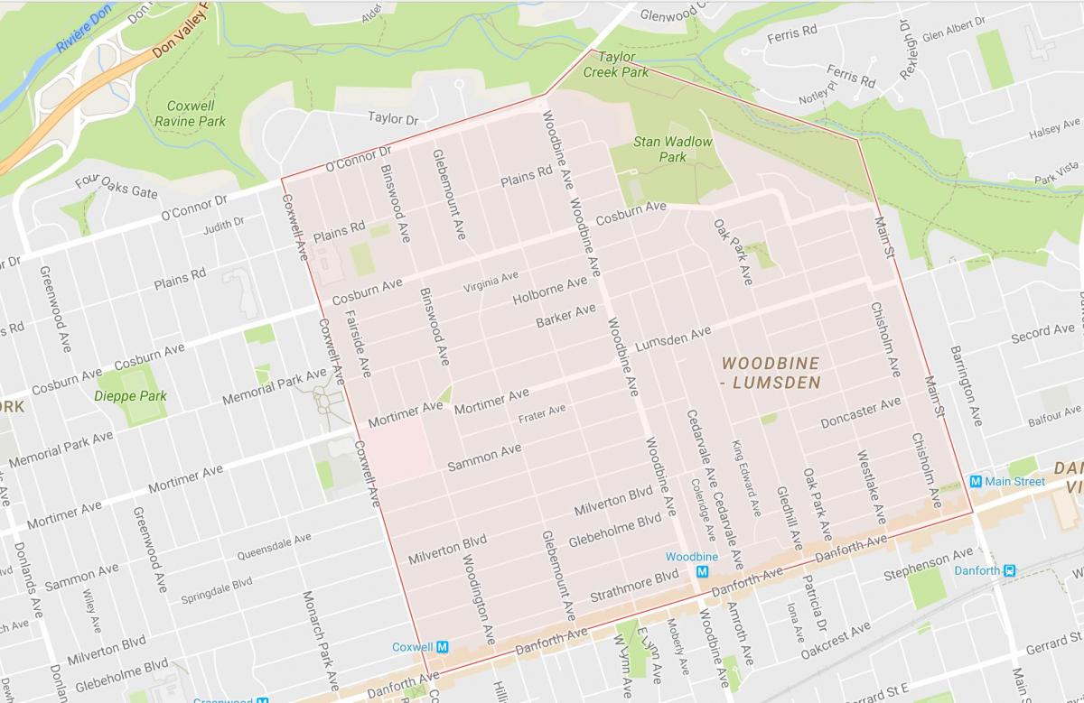 Žemėlapis Woodbine Aukščio kaimynystės Toronto