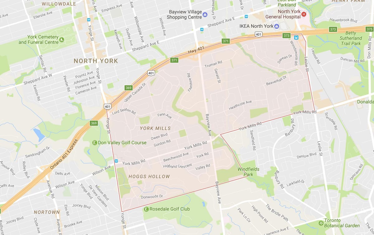 Žemėlapis York Mills kaimynystės Toronto