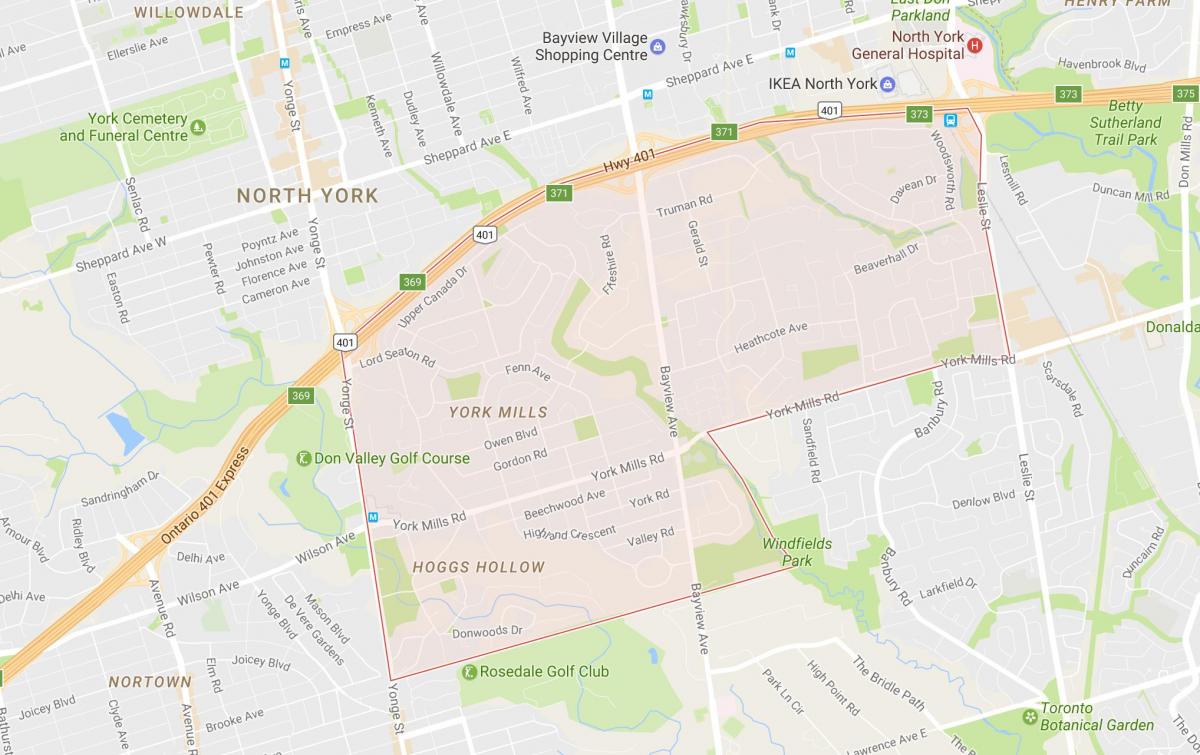 Žemėlapis York Mills kaimynystės Toronto