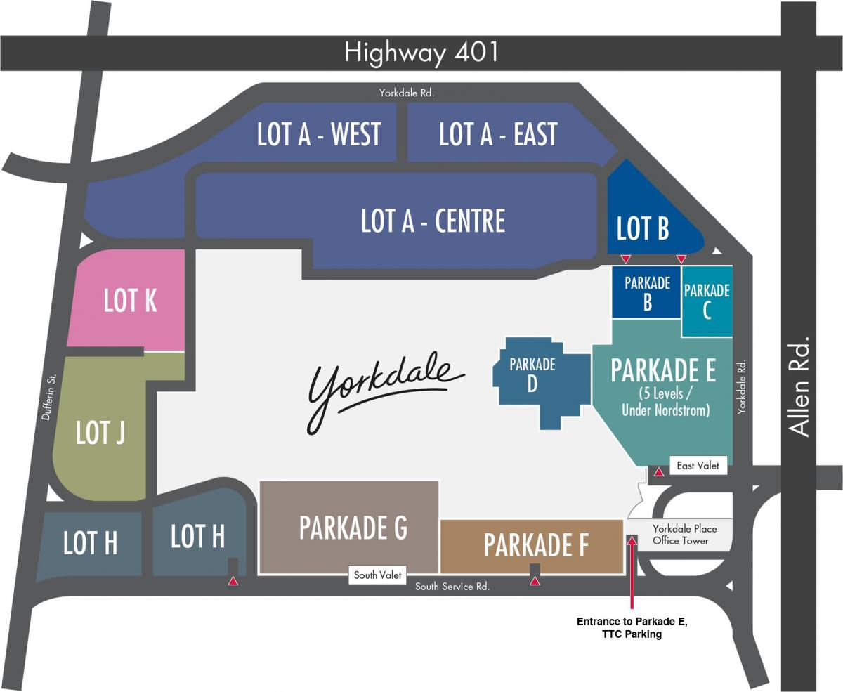 Žemėlapis Yorkdale Prekybos Centras, automobilių stovėjimo aikštelė