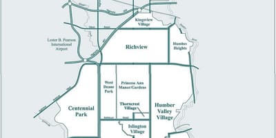 Žemėlapis Etobicoke kaimynystės Toronto