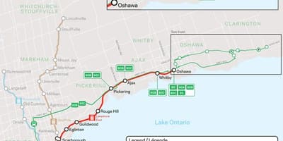 Žemėlapis linija Lakeshore East Eiti Tranzito