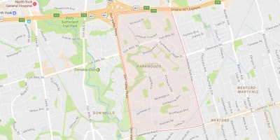 Žemėlapis Parkwoods kaimynystės Toronto