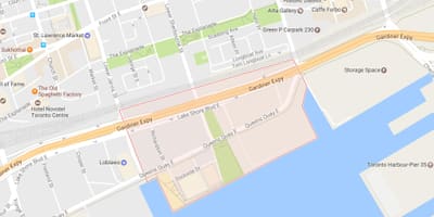 Žemėlapis Rytų Bayfront kaimynystės Toronto