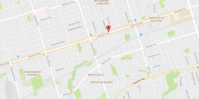 Žemėlapis Rytų Danforth kaimynystės Toronto