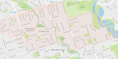 Žemėlapis Sunnylea kaimynystės kaimynystės Toronto