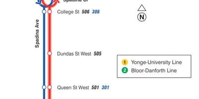 Žemėlapis tramvajaus linija 510 Spadina