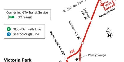 Žemėlapis TTC 12 Kingston Rd autobusų maršrutu Torontas