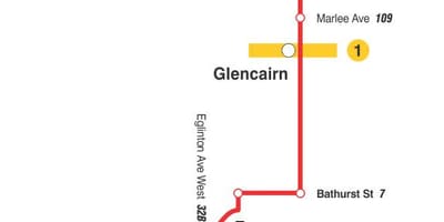 Žemėlapis TTC 14 Glencairn autobusų maršrutu Torontas