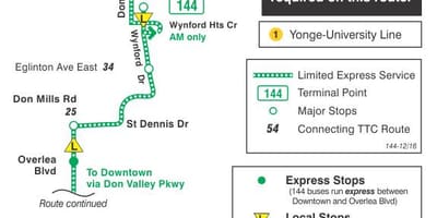 Žemėlapis TTC 144 Downtown / Don Valley Express " autobusu maršrutu Torontas