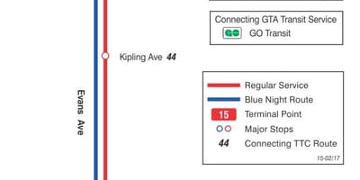 Žemėlapis TTC 15 Evans autobusų maršrutu Torontas