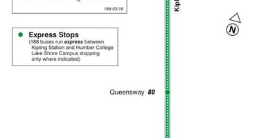 Žemėlapis TTC 188 Kiplingas Pietų Raketų autobusų maršrutu Torontas
