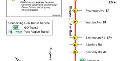 Žemėlapis TTC 190 Scarborough Centras Raketų autobusų maršrutu Torontas
