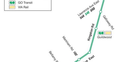 Žemėlapis TTC 198 U T Scarborough Raketų autobusų maršrutu Torontas