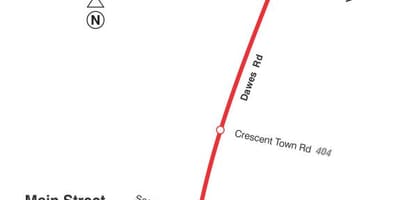 Žemėlapis TTC 23 Dawes autobusų maršrutu Torontas
