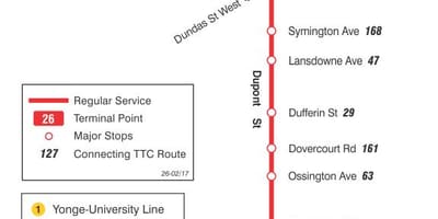 Žemėlapis TTC 26 Dupont autobusų maršrutu Torontas