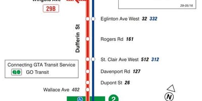 Žemėlapis TTC 29 Dufferin autobusų maršrutu Torontas