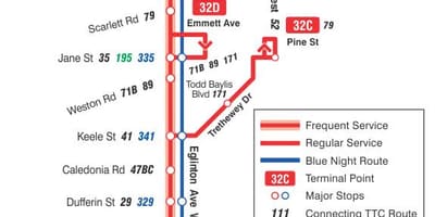 Žemėlapis TTC 32 Eglinton Vakarų autobusų maršrutu Torontas