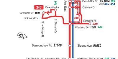 Žemėlapis TTC 34 Eglinton Rytų autobusų maršrutu Torontas