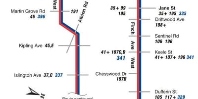 Žemėlapis TTC 36 Amadinai Vakarų autobusų maršrutu Torontas