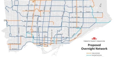 Žemėlapis TTC vienos nakties tinklo Toronto